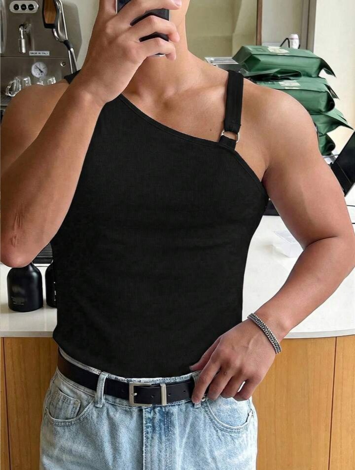 Men's Solid Color Oblique Shoulder Sleeveless Slim Fit Casual Asymmetrical Hollow Out-Tank Top
